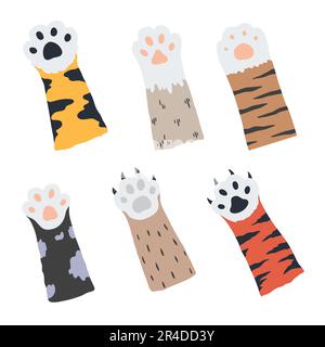 Zampa di gatto. Animali domestici e selvatici, carini piccoli animali gambe. Tigre macchiata e a strisce e mani jaguar. Pelare i piedi dei mammiferi con artigli. Arti felini. CA Illustrazione Vettoriale