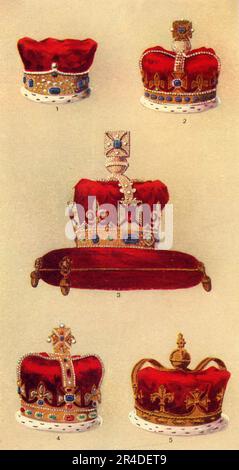 "La Regalia. - 1', c1911. '1. Diadem della Regina; 2. Corona della regina Consort; 3. La corona imperiale; 4. Corona Imperiale (Carlo II); 5. Principe della Corona del Galles'. Da "The Portrait Book of Our Kings and Queens 1066-1911", a cura di T. Leman Hare. [T. C. &amp; E. C. Jack, London &amp; Edinburgh] Foto Stock