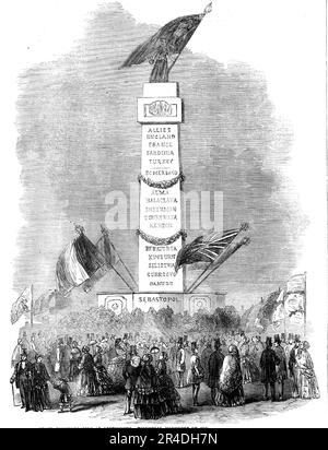 La Commemorazione della Pace a Portsmouth - Monumento Triumphal a Southsea Common, 1856. Celebrare la fine della guerra di Crimea in Hampshire. 'Southsea Common è stato decorato, a spese del borgo, con un gran numero di bandiere di tutte le nazioni, archi di sempreverdi costruiti con gusto, e uno dei punti di riferimento per le navi che entrano nel porto era stato trasformato in un pilastro trionfale per mezzo di opportune e ingegnose aggiunte e decorazioni. Ai lati del pilastro sono stati inscritti i nomi delle potenze alleate - Inghilterra, Francia, Turchia, Sardegna - e i vari impegni in cui, d Foto Stock