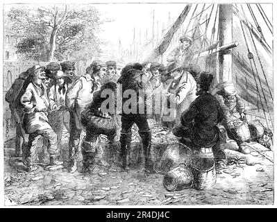 Vendita di aringhe, sul molo, Great Yarmouth, 1856. Vendere pesce nell'Anglia orientale: '...le barche vanno verso sud fino alla foce del Tamigi e della Foreland meridionale. Gli aringhe inoltre frequentano una parte opposta Yarmouth denominata il capo ed un posto conosciuto....come la Banca marrone, sulla costa olandese. C'è anche una specie più piccola di aringa catturata a Yarmouth, da barche più vicine alla riva; sono di buona qualità, e sono chiamati "lunghe rive", o "alonshore herrings". Quando la pesca è vicina a casa, un gran numero di barche partono dalla riva al tramonto per mettere le loro reti, tornando in t Foto Stock