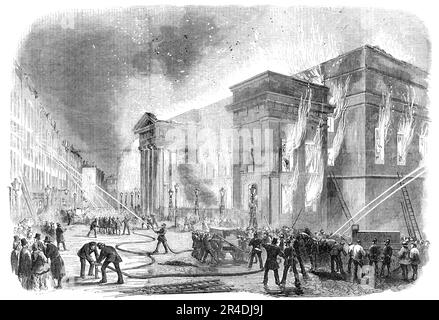 Burning of Covent-Garden Theatre, [Londra], 1856. Indagine sulla causa dell'incendio: 'John Drake Palmer, gasman, ha detto di avere l'intera gestione dei gas-accessori del teatro, e aveva installato il negozio di falegname con il gas appena prima di Natale scorso. L'intero sistema di illuminazione del teatro era sotto il controllo di se stesso o dei suoi assistenti. Era impossibile, pensava, che il fuoco avesse avuto origine a causa di una fuga di gas nella bottega del falegname. Il sig. Henry Sloman, macchinista e falegname al teatro durante gli ultimi trent'anni, è stato esaminato successivamente. Ha detto Foto Stock