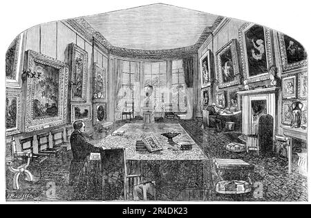 Sala colazione nel tardo MR. Rogers's Residence, St James's Place, 1856. Il poeta inglese Samuel Rogers '...ha avuto un gusto cattolico nell'arte, con una simpatia per tutte le scuole. All'interno della sua dimora di bachelor - la casa di un uomo il cui reddito probabilmente non superava mai i cinquemila sterline all'anno - dovevano essere visti esempi di scelta delle diverse scuole italiane, delle scuole delle Fiandre, della Spagna, della Francia, dell'Olanda e del suo paese". Da "Illustrated London News", 1856. Foto Stock