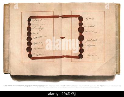 « La Signature du traite de paix a Versailles; la page du traite portant les signatures et sceaux des delegues de l'Italie, du Japon, de la Belgique, de la Bolivie, du Brasil », 1919. From "l'Album de la Guerre 1914-1919, Volume 2" [l'Illustration, Paris, 1924]. Foto Stock