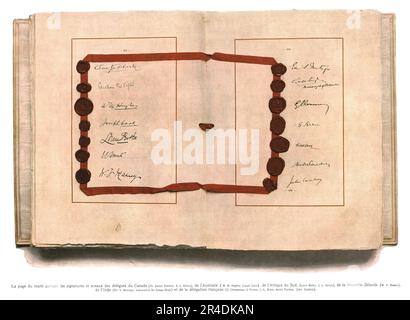 «La Signature du traite de paix a Versailles; la page du traite portant les signatures et sceaux des delegues du Canada, de l'Australie, De l'Afrique du Sud, de la Nouvelle Zelande, de l'Inde, et de la Delegation francaise», 1919. From "l'Album de la Guerre 1914-1919, Volume 2" [l'Illustration, Paris, 1924]. Foto Stock