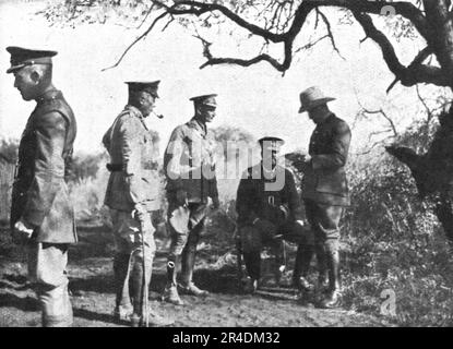 ''en Afrique, la capitulation du Sud-Ouest Africain Allemand; le General Botha frequentare avec son etat-Major le gouverneur du Sud-Ouest Africain Allemand venant effectuer sa reddition', 1915 (1924). From "l'Album de la Guerre 1914-1919, Volume i" [l'Illustration, Paris, 1924]. Foto Stock