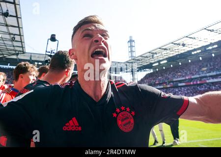 Colonia, Germania. 27th maggio, 2023. COLONIA, GERMANIA - MAGGIO 27: Joshua Kimmich del FC Bayern Munchen festeggia la vittoria di Bundeliga dopo la partita della Bundesliga tra il 1. FC Koln e FC Bayern Munchen al RheinEnergieStadion il 27 maggio 2023 a Colonia, Germania (Foto di Rene Nijhuis/Orange Pictures) Credit: Orange Pics BV/Alamy Live News Foto Stock