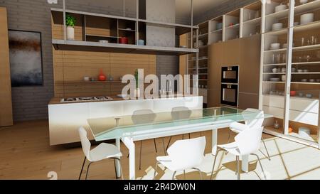 Vista su una cucina moderna arredamento interno. Piano cottura e mobili con tavolo e sedie. Architettura d'interni, progetto per una cucina moderna Foto Stock