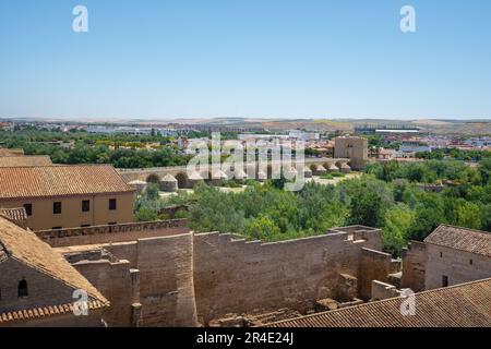 Veduta aerea del Ponte Romano e dell'Alcazar de los Reyes Cristianos - Cordoba, Andalusia, Spagna Foto Stock