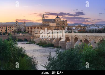 Skyline di Cordoba al tramonto con Cattedrale, Ponte Romano e Fiume Guadalquivir - Cordoba, Andalusia, Spagna Foto Stock