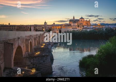 Skyline di Cordoba illuminato al tramonto con Cattedrale, Ponte Romano e Fiume Guadalquivir - Cordoba, Andalusia, Spagna Foto Stock