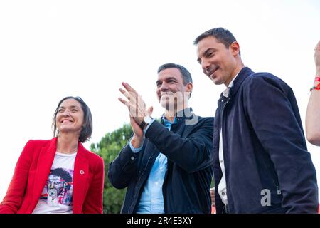 Pedro Sanchez. Juan Lobato. Reyes Maroto. PSOE. Candidati in un atto del gruppo socialista spagnolo dei lavoratori (PSOE). MADRID, SPAGNA - 25 MAGGIO 2023. Foto Stock