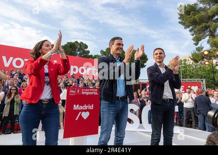 Pedro Sanchez. Juan Lobato. Reyes Maroto. PSOE. Candidati in un atto del gruppo socialista spagnolo dei lavoratori (PSOE). MADRID, SPAGNA - 25 MAGGIO 2023. Foto Stock