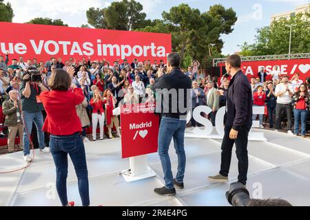 Pedro Sanchez. Juan Lobato. Reyes Maroto. PSOE. Candidati in un atto del gruppo socialista spagnolo dei lavoratori (PSOE). MADRID, SPAGNA - 25 MAGGIO 2023. Foto Stock