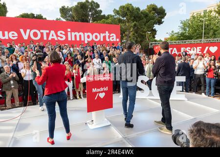 Pedro Sanchez. Juan Lobato. Reyes Maroto. PSOE. Candidati in un atto del gruppo socialista spagnolo dei lavoratori (PSOE). MADRID, SPAGNA - 25 MAGGIO 2023. Foto Stock