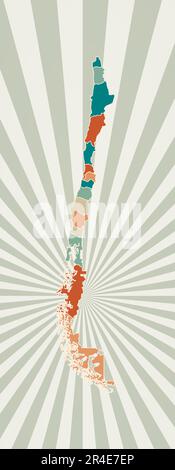 Mappa del Cile. Poster con mappa del paese in tavolozza di colori retrò. Forma del Cile con sfondo di raggi di sole. Illustrazione vettoriale. Illustrazione Vettoriale