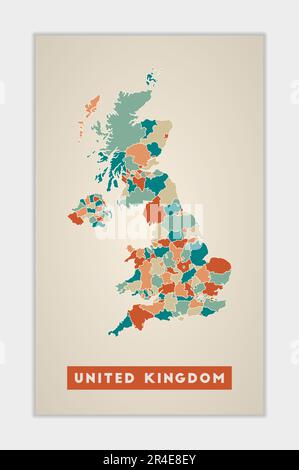 Poster Regno Unito. Mappa del paese con regioni colorate. Forma del Regno Unito con nome del paese. Illustrazione del vettore radiante. Illustrazione Vettoriale
