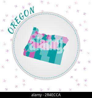 Design della mappa dell'Oregon. Mappa dello stato degli Stati Uniti con regioni nella tavolozza dei colori smeraldo-ametista. Illustrazione Vettoriale