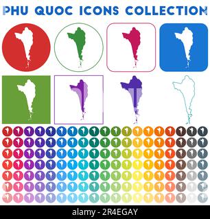 Collezione di icone di Phu Quoc. Icone luminose e colorate alla moda. Badge Phu Quoc moderno con mappa dell'isola. Illustrazione vettoriale. Illustrazione Vettoriale