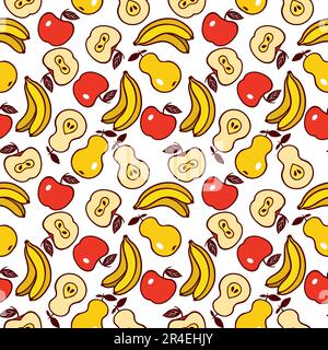 Banane, pere, mele. Modello vettoriale senza cuciture con frutti. Progettazione di tessuti, vestiti, copertine, carta da imballaggio. Illustrazione Vettoriale