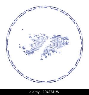Logo rotondo delle Falklands. Forma digitale delle Falkland in cerchio punteggiato con il nome del paese. Icona tecnologica del paese con punti graduati. Illustrazione Vettoriale