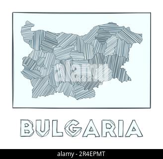 Schizzo della mappa della Bulgaria. Mappa del paese disegnata a mano in scala di grigi. Regioni riempite con strisce di hachure. Illustrazione vettoriale. Illustrazione Vettoriale