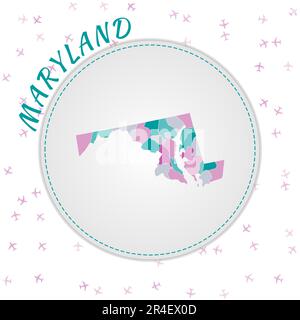 Maryland disegno mappa. Mappa dello stato US con regioni nella tavolozza di colori smeraldo-ametista. Viaggio arrotondato al Maryland poster con noi nome stato e airp Illustrazione Vettoriale