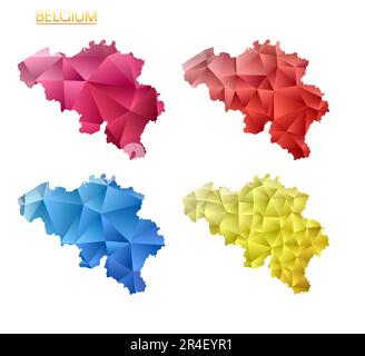 Serie di mappe poligonali vettoriali del Belgio. Mappa del paese con gradiente luminoso in basso stile polietilene. Illustrazione Vettoriale