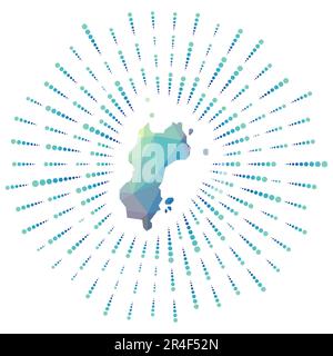 Forma di Mustique, sunburst poligonale. Mappa dell'isola con coloratissime razze. Illustrazione di Mustique in digitale, tecnologia, internet, stile di rete Illustrazione Vettoriale