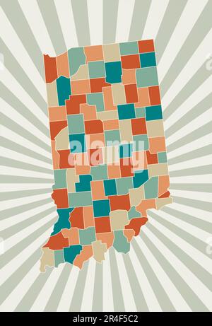 Mappa dell'Indiana. Poster con mappa dello stato degli Stati Uniti in tavolozza di colori retrò. Forma dell'Indiana con sfondo di raggi di sole. Illustrazione vettoriale. Illustrazione Vettoriale