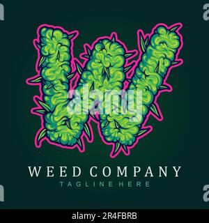 Cannabis gemma monogramma lettera decorativa iniziale w illustrazioni vettoriali per il tuo logo di lavoro, t-shirt merchandise, adesivi e desig etichetta Illustrazione Vettoriale