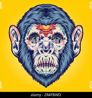 dia de las muertos zucchero cranio testa scimmia illustrazioni vettoriali illustrazioni per il tuo lavoro logo, maglietta, adesivi e disegni di etichette, pos Illustrazione Vettoriale