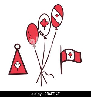 Palloncini e cappelli da festa con la bandiera del Canada. Giorno del Canada. Foglia d'acero come simbolo. Primo di luglio. Il simbolismo è rosso e bianco. Stile Doodle Illustrazione Vettoriale