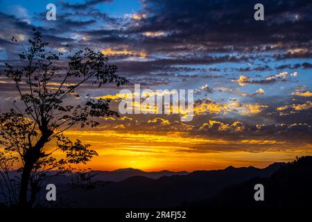 Albero contro Panorama colorato magnifico tramonto in campagna sopra colline e campi, bellezza sfondo natura e nuvole cielo Foto Stock