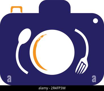Modello di logo vettoriale Food Photo. Questo design utilizza il logo della fotocamera con piatto, cucchiaio e forchetta. Adatto per lavoro, fotografia, vlog Illustrazione Vettoriale