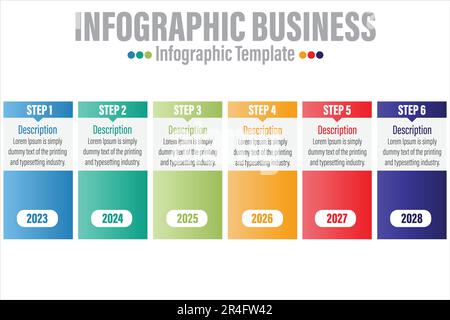 Concetto di processo con sei 6 fasi successive. Sei elementi grafici colorati. Progettazione di timeline per brochure, presentazioni, siti Web. Desig infografica Illustrazione Vettoriale