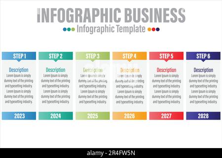 Concetto di processo con sei 6 fasi successive. Sei elementi grafici colorati. Progettazione di timeline per brochure, presentazioni, siti Web. Desig infografica Illustrazione Vettoriale