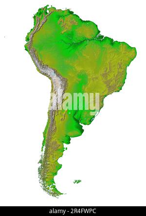 La mappa fisica del Sud America rivela vari rilievi, tra cui pianure, pianure, foreste pluviali e grandi fiumi Foto Stock