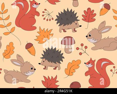Modello vettoriale senza cuciture con simpatici elementi autunnali per la decorazione del giorno del Ringraziamento. Piccoli animali selvatici - scoiattolo, riccio e lepre nel Illustrazione Vettoriale