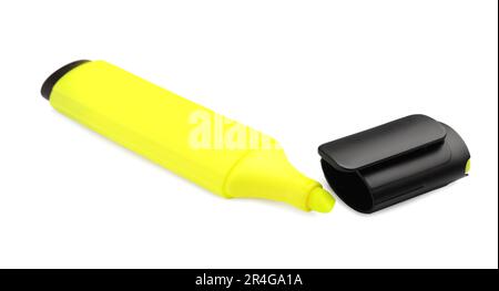 Marcatore giallo brillante isolato su bianco. Cancelleria per ufficio Foto Stock