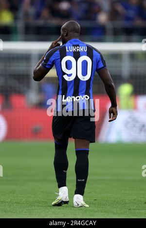 Milano, Italia. 27th maggio, 2023. Romelu Lukaku del FC Internazionale gesti durante la Serie A match beetween FC Internazionale e Atalanta BC allo Stadio Giuseppe Meazza il 27 2023 maggio a Milano Italia . Credit: Marco Canoniero/Alamy Live News Foto Stock