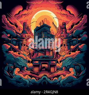 Tramonto astratto di una città tecnologica Illustrazione Vettoriale