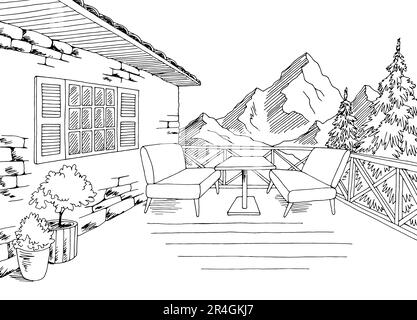 Cafe balcone in montagna grafica bianco nero disegno vettore di illustrazione Illustrazione Vettoriale