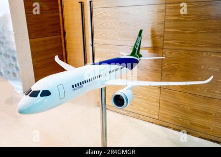 ZHENGZHOU, CINA - 14 APRILE 2018 - Un modello del jet C919 del passeggero del grande getto della Cina homegrown è visto all'istituto di Zhengzhou di gestione di industria di aeronautica a Zhengzhou, provincia di Henan della Cina centrale, 14 aprile 2018. Il 28 maggio 2023, China Eastern MU9191, il primo volo commerciale del grande aeromobile C919 sviluppato internamente, ha impiegato 2 ore e 25 minuti dall'aeroporto Hongqiao di Shanghai all'aeroporto della capitale di Pechino in mattinata. Il C919, nome completo COMAC C919, è un grande jet civile sviluppato dalla Cina in conformità con le normative internazionali in materia di aviazione civile e con intellec indipendente Foto Stock