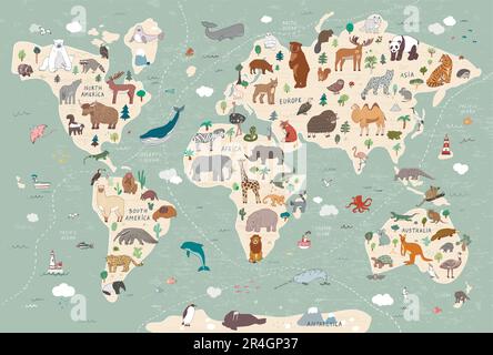 Set di illustrazioni vettoriali della mappa del mondo degli animali Illustrazione Vettoriale
