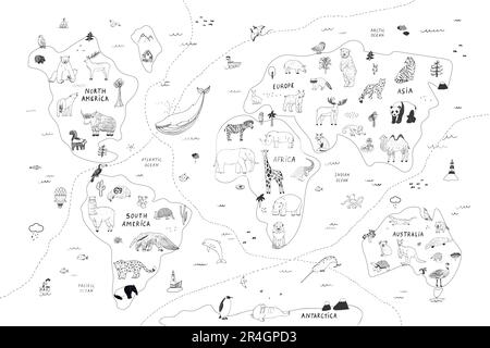 Set di illustrazioni vettoriali della mappa del mondo degli animali. Illustrazione Vettoriale