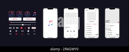 Mockup musicale Apple. App musicale. Modello di applicazione su iPhone mockup. Lettore musicale in abbonamento. Profilo, brano, album, playlist. Pausa, nota, ricerca, Illustrazione Vettoriale