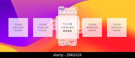 Avanzamento Instagram. Interfaccia applicazioni. Attività, notizie, follower, abbonamento, come, storie, nuovo post. Apple iPhone mockup. Modello app. Backgroun Illustrazione Vettoriale