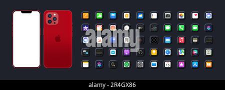 Set di app per iPhone 13. ITunes, Apple Store, iMovie, iBooks, Apple TV, FaceTime, riquadro del navigatore, fotocamera, note, calendario, calcolatrice, nfc, clip. Neom Illustrazione Vettoriale