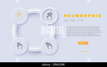 Set di icone dello schermo a sfioramento. Interfacce touch-based per il controllo di dispositivi elettronici. Concetto di tecnologia. Stile neomorfismo. Icona della linea vettoriale per l'azienda Illustrazione Vettoriale