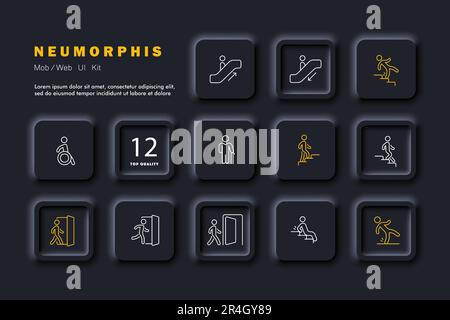 Set di icone dei segnali stradali. Simboli e frecce che indicano i diversi tipi di attraversamento pedonali, traverse. Concetto di sicurezza. Stile neomorfismo. Vettore li Illustrazione Vettoriale